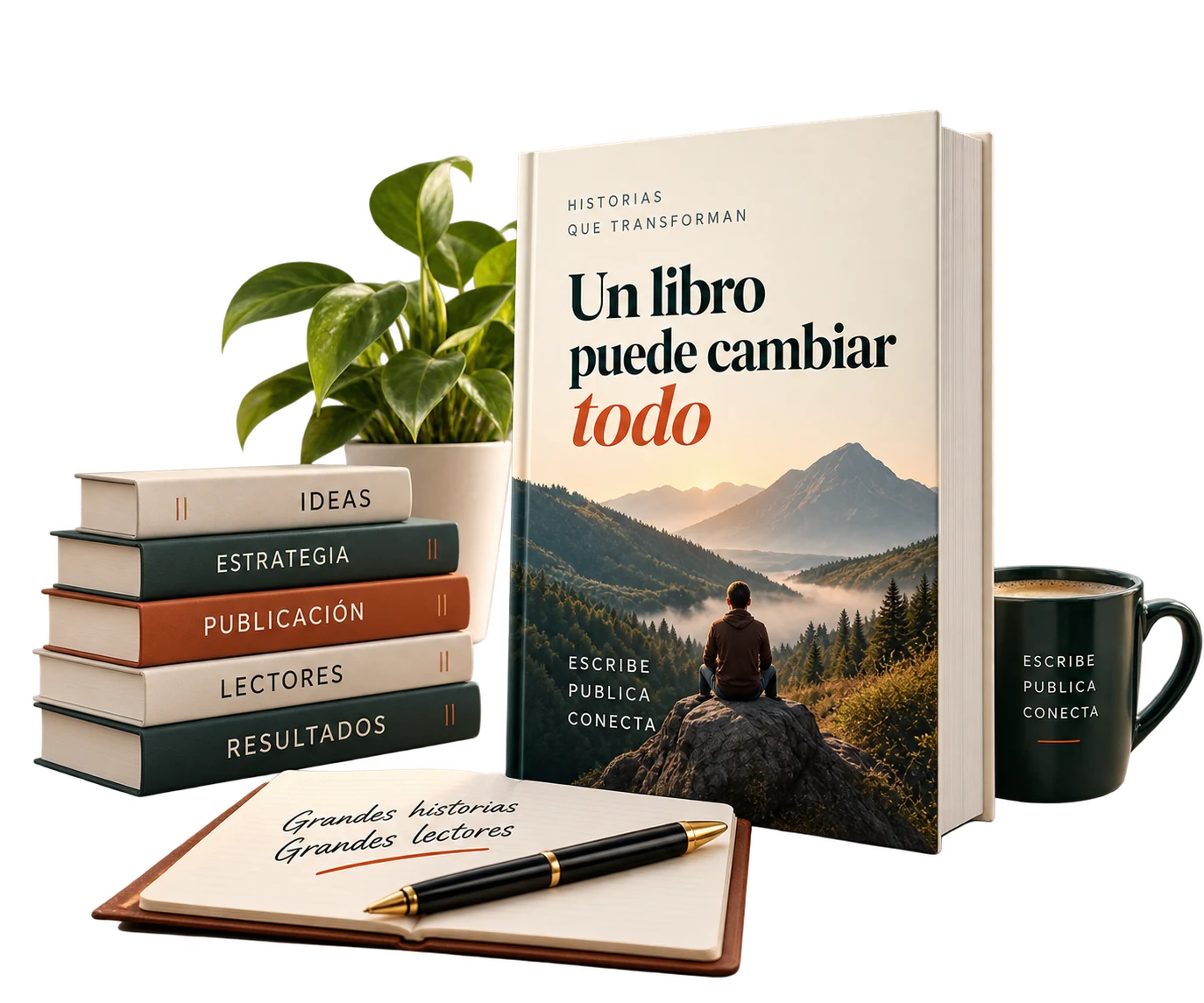 Un libro publicado, junto a una pila de libros, una libreta y una taza