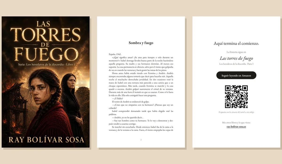 El comienzo de un libro en PDF: portada, página de texto y página final con el botón de compra y un código QR