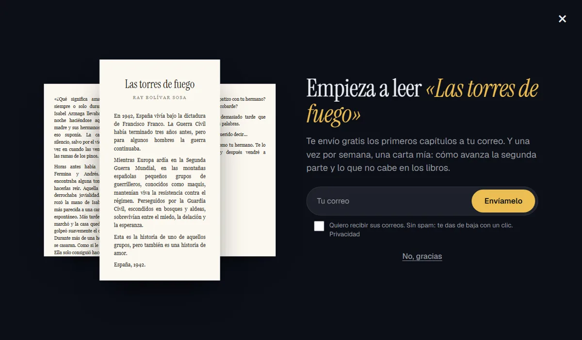 La ventana que regala el comienzo del libro a cambio del correo, con las primeras páginas a la vista